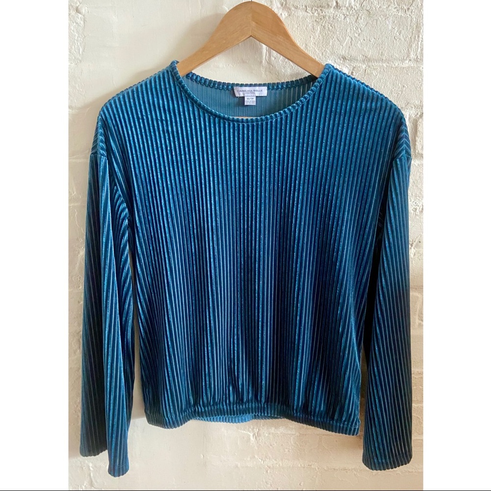 Carolina Belle blue ribbed velour long sleeve top